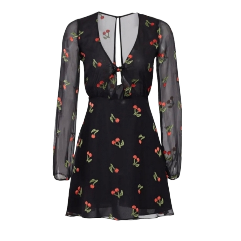 For Love and Lemons Cherry Twist Mini Dress NWT Sherry Sleeve Slit Back Silk